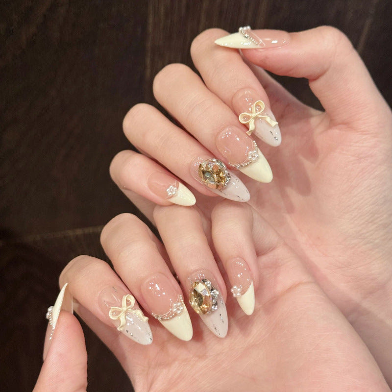 Nails 141-Creamy Yellow French Sweet Girl Bow Nail Art