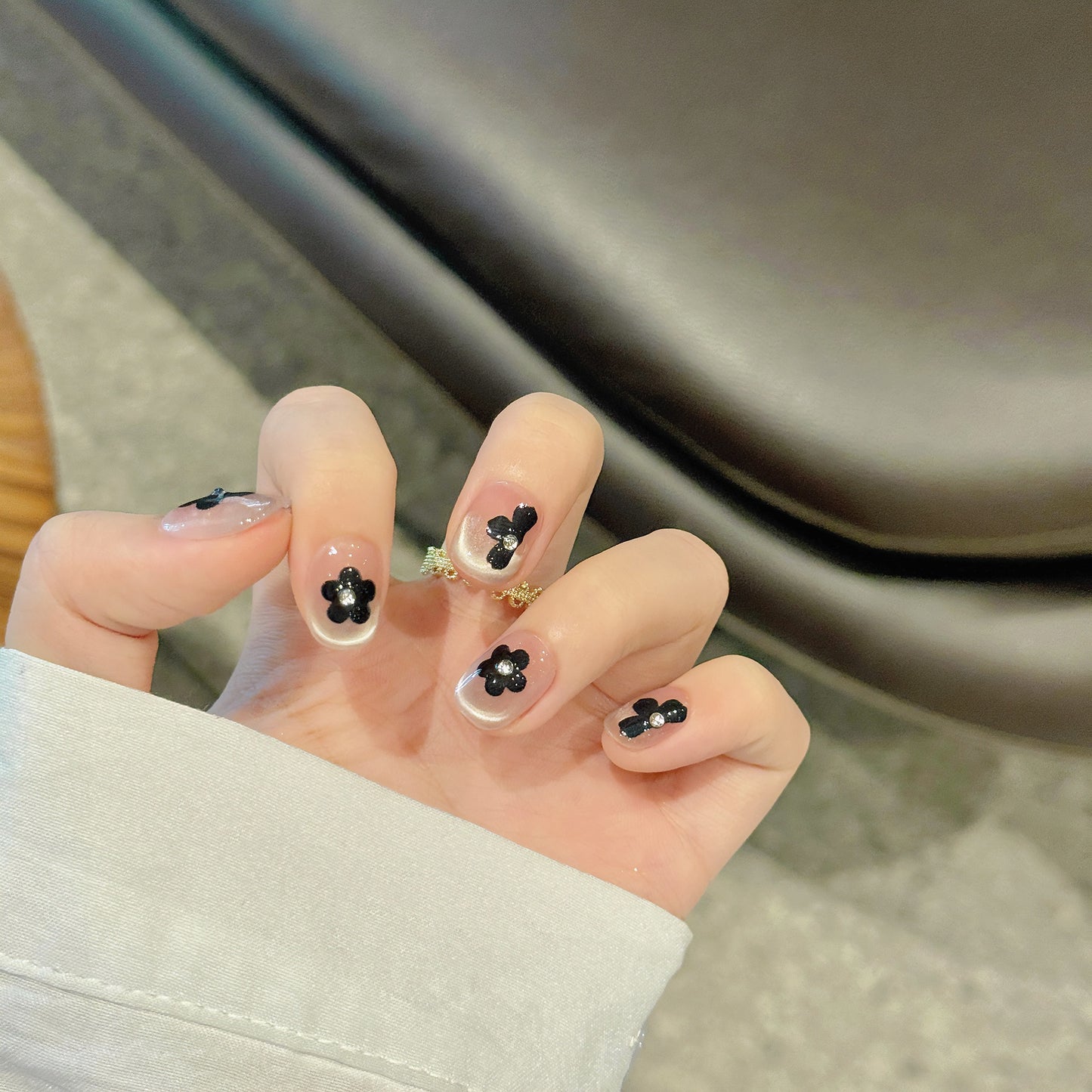 Nails 218-Rose Under the Moon French Crystals Hand Painted Black Flower Nail Art
