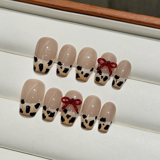 Nails 328-Wild Leopard Print Hand Painted Bow Nail Art