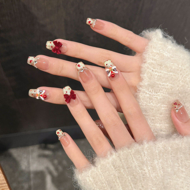 Nails 310-Heartwarming Lion New Year Bow Nail Art