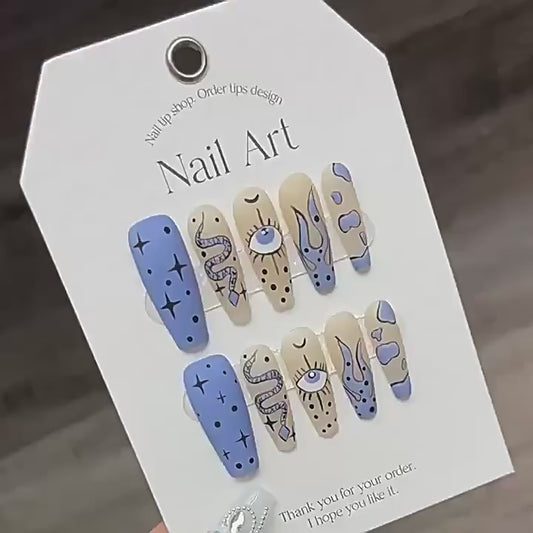 Nails 194-Hand Painted Snake Personalised Spice Girl Graffiti Blue Frosted Nail Art