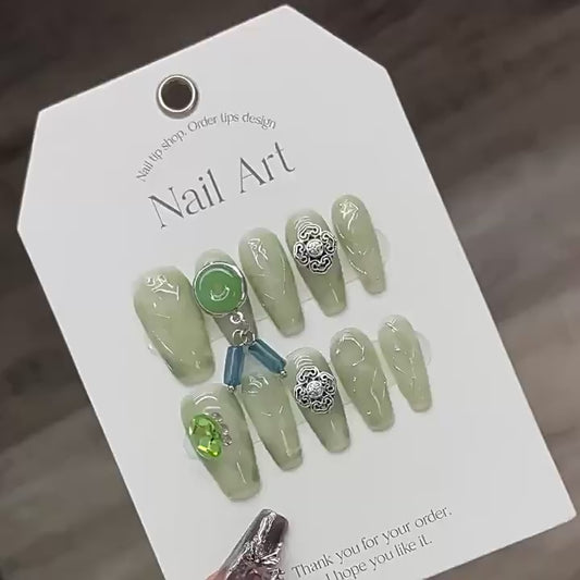 Nails 104-Molten Silver Jade Green Handmade Nail Art