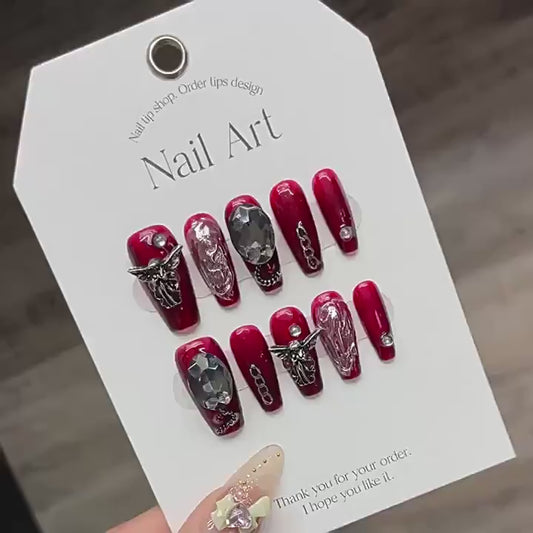 Nails 109-Dark Lolita Blood Red Butterfly Wings Cross Manicure