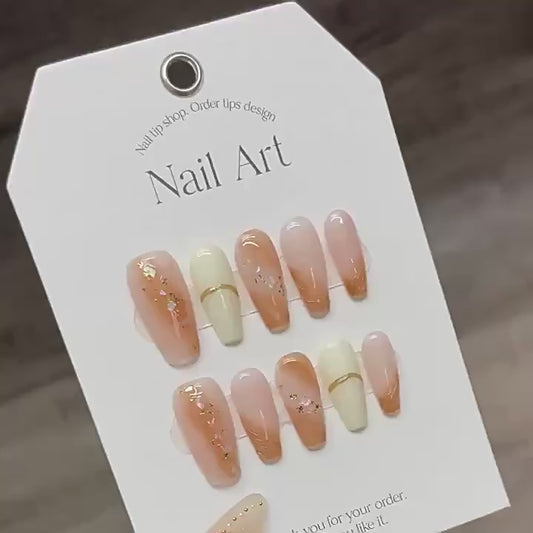 Nails 114-Fantasy Grapefruit Gold Foil Fairy Nail Art