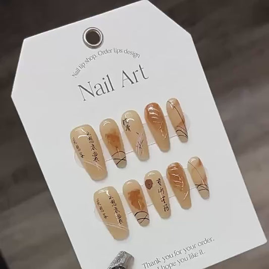 Nails 226-Handmade Nail Art with Dirty Ink Dyeing Calligraphy Landscape on Deadwood