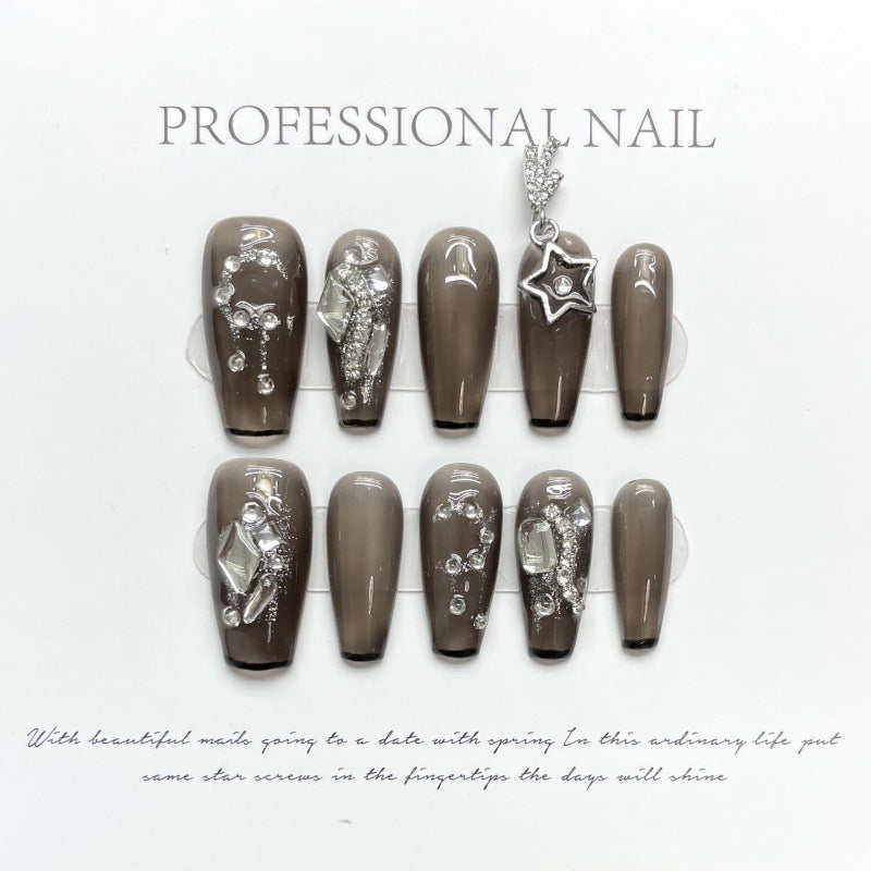 Nails 115-Sheer Black French Rhinestone Manicure