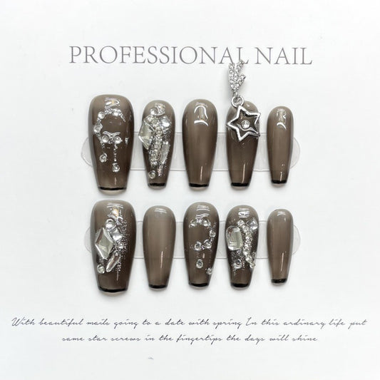 Nails 115-Sheer Black French Rhinestone Manicure