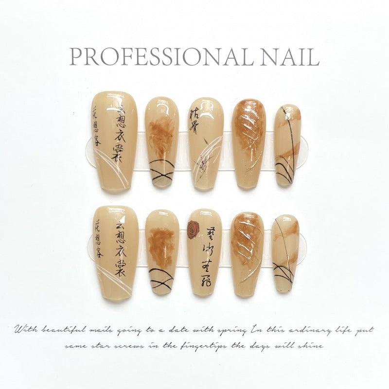 Nails 226-Handmade Nail Art with Dirty Ink Dyeing Calligraphy Landscape on Deadwood