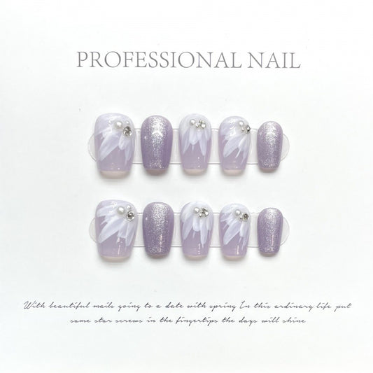 Nails 038-Ice Purple Daisy Mauve Feather Hand Painted Short Nail Art
