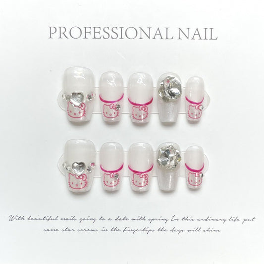 Nails 254-French Cat Pink and White Clash Nail Art
