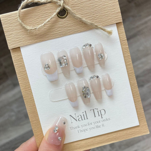 Nails 185-French Simple Nude Stacked Diamonds Nail Art