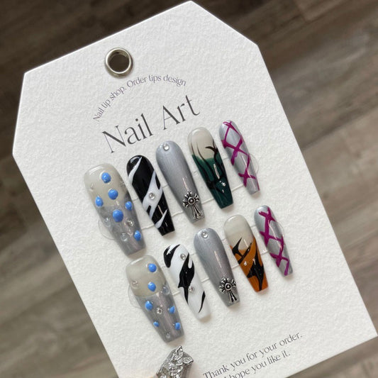 Nails 246-Flame Hand Painted Black and White Dazzling Nail Art