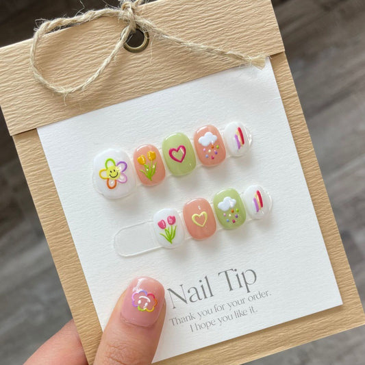 Nails 188-Painted Cartoon Heart Handmade Nail Art
